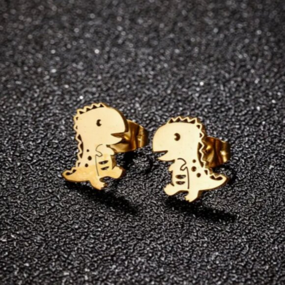 Happy Dinosaur Stainless Steel Stud Earrings in Gold - Picture 1 of 3
